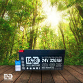 Royer MC24V320 24V 320Ah Smart Bluetooth LiFePO4 Battery with mobile app, displayed in a forest setting to emphasize off-grid, eco-conscious energy storage